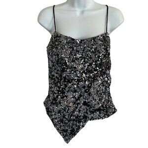Vtg Y2K Cache Sequin Camisole Cami S Metallic Silk Asymmetrical Spaghetti Straps
